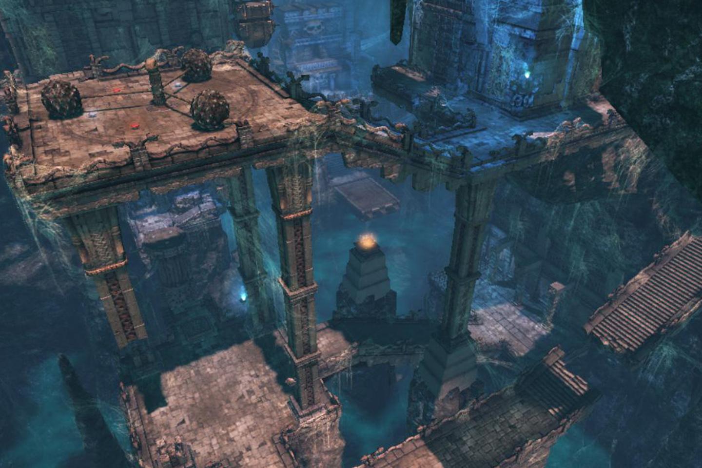 An expansive view of a crumbling aqueduct in a subterranean cavern from a Tomb Raider game, hinting at the scale and puzzles of the ancient ruins.