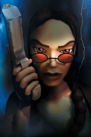 A close-up image of Lara Croft's face surrounded by dark clouds and lightning. 