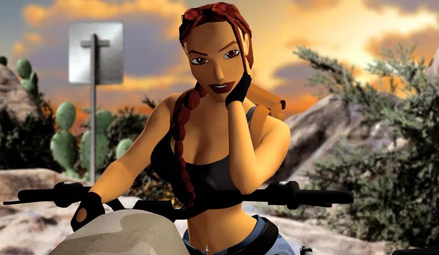 A digital image of Lara Croft in a contemplative pose, holding onto handlebars with a desert landscape and a cross marker in the background.
