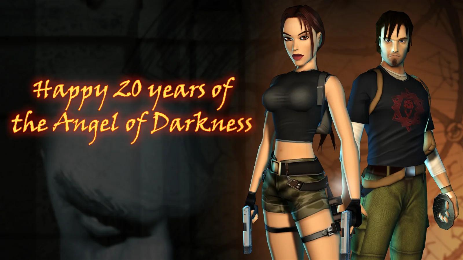 A celebratory image featuring two video game characters from "The Angel of Darkness," with text wishing a happy 20 years to the title.