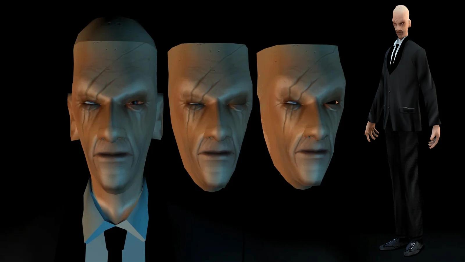 A video game character model sheet with different facial expressions and a full-body view of a male character, typically used in the game development process.
