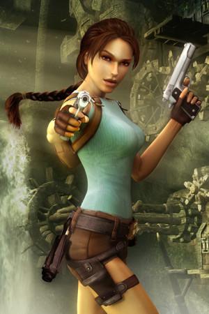 Lara Croft from Tomb Raider: Anniversary standing in front of a waterfall and the classic cog puzzle.