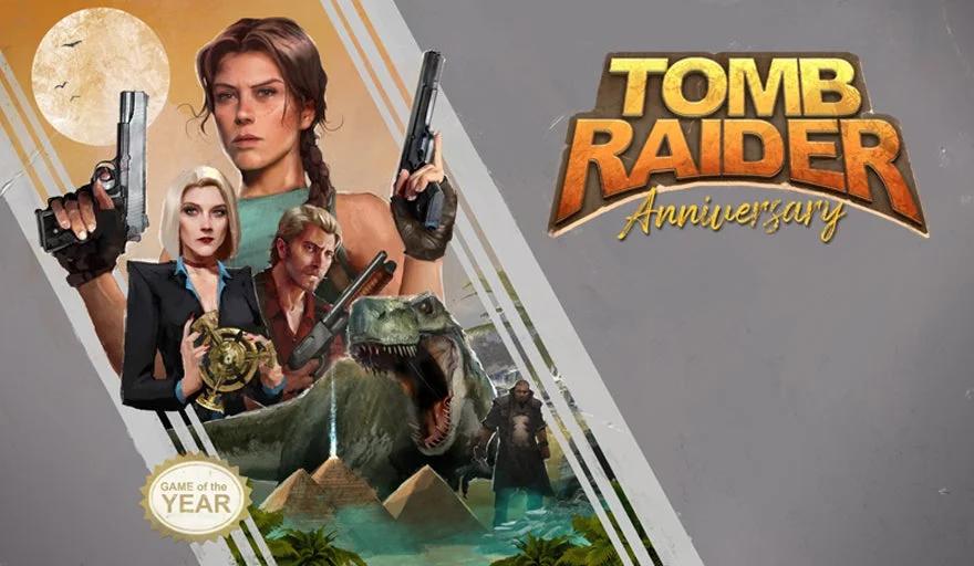 Artwork for "Tomb Raider Anniversary" featuring characters and a menacing dinosaur set against an adventurous backdrop with the game's logo.