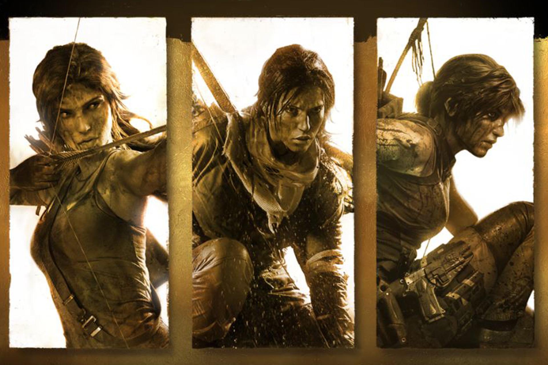 A collage of three box art covers featuring Lara Croft in a golden hue.