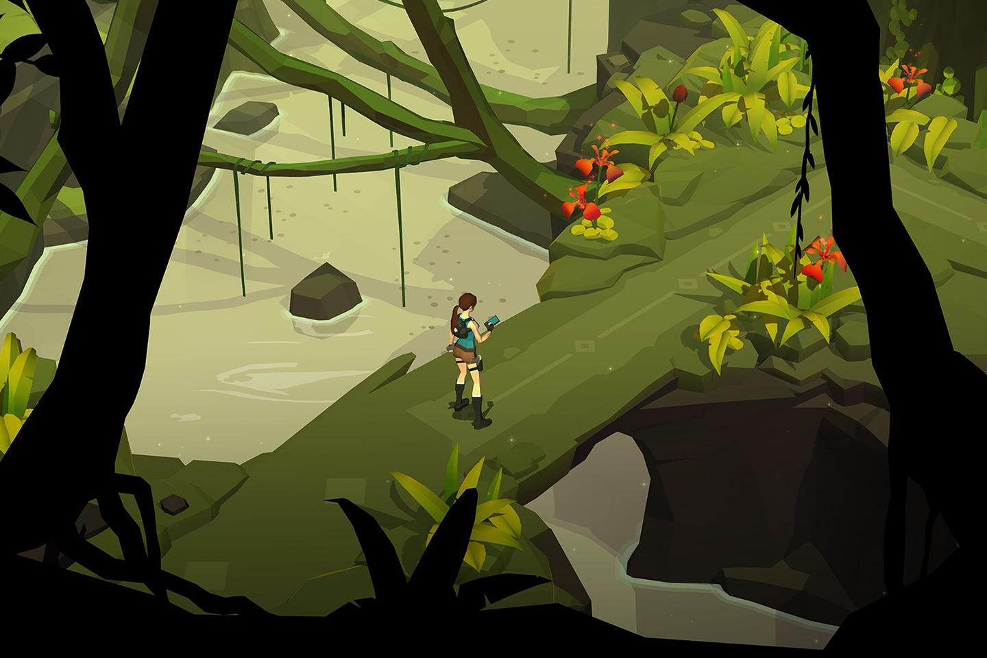An in-game image of a character exploring a lush, green jungle environment, partially obscured by the silhouettes of foreground foliage.
