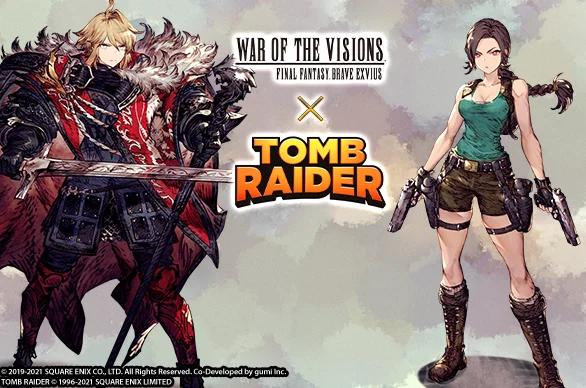 A collaboration banner for "War of the Visions Final Fantasy Brave Exvius" featuring a character from the game alongside Lara Croft from Tomb Raider.