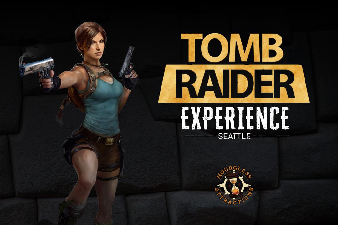Promo image of Lara Croft with text that says "Tomb Raider Experience Seattle by Hourglass Attractions."