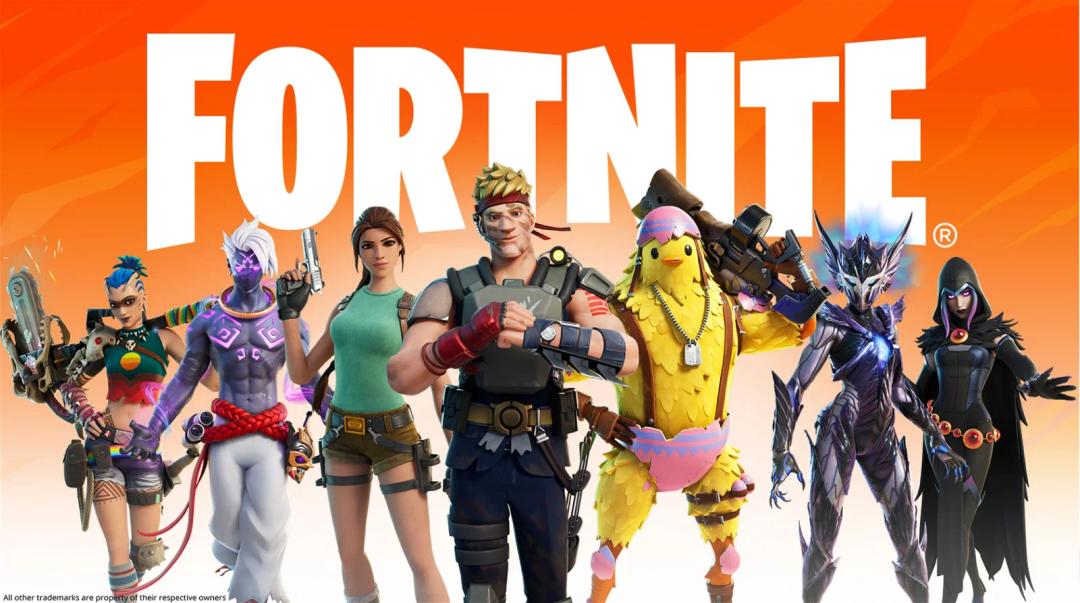 A promotional graphic for the game "Fortnite" showcasing a diverse lineup of characters against an orange background.