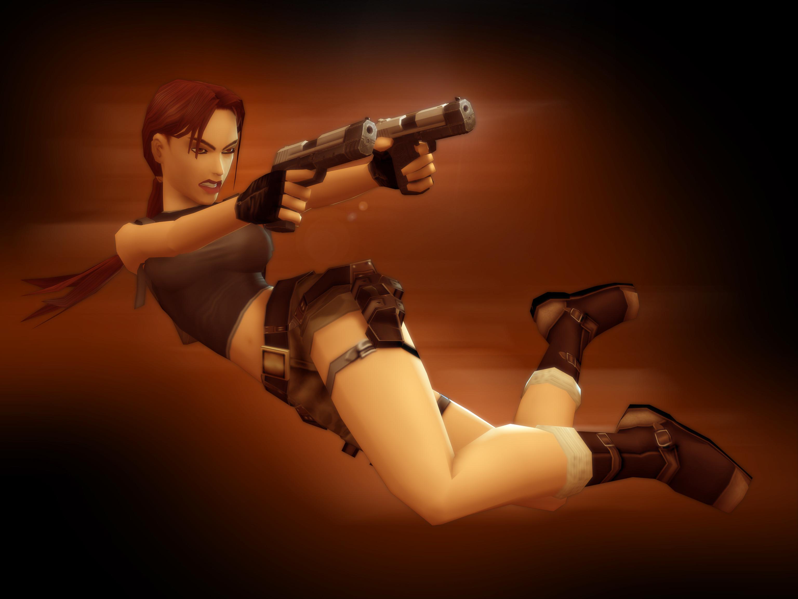 An action-packed image of Lara Croft in mid-air with dual pistols, set against a warm, sepia-toned background, showcasing agility and combat readiness.