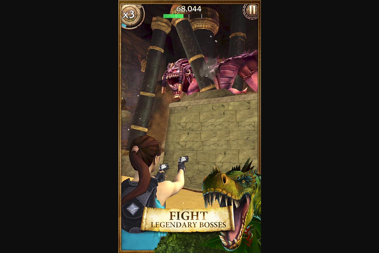A tense moment in a mobile game where Lara Croft is aiming at a monstrous creature, with the caption 'Fight Legendary Bosses' illustrating the game's combat challenges.