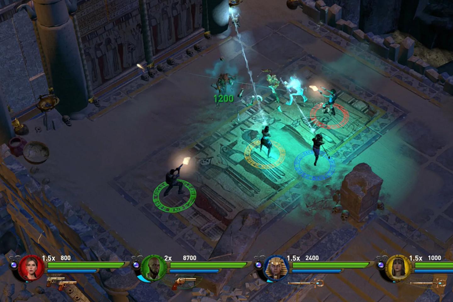 An in-game scene from a Tomb Raider game showing multiple characters in a blue-glowing magical circle, engaged in battle with spectral enemies in an Egyptian tomb-like setting.