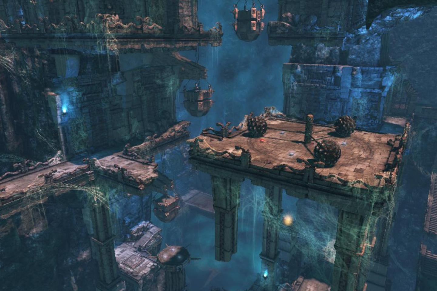 An in-game snapshot of a Tomb Raider adventure showing a suspended temple structure in a vast cave, with light beams highlighting the path forward.
