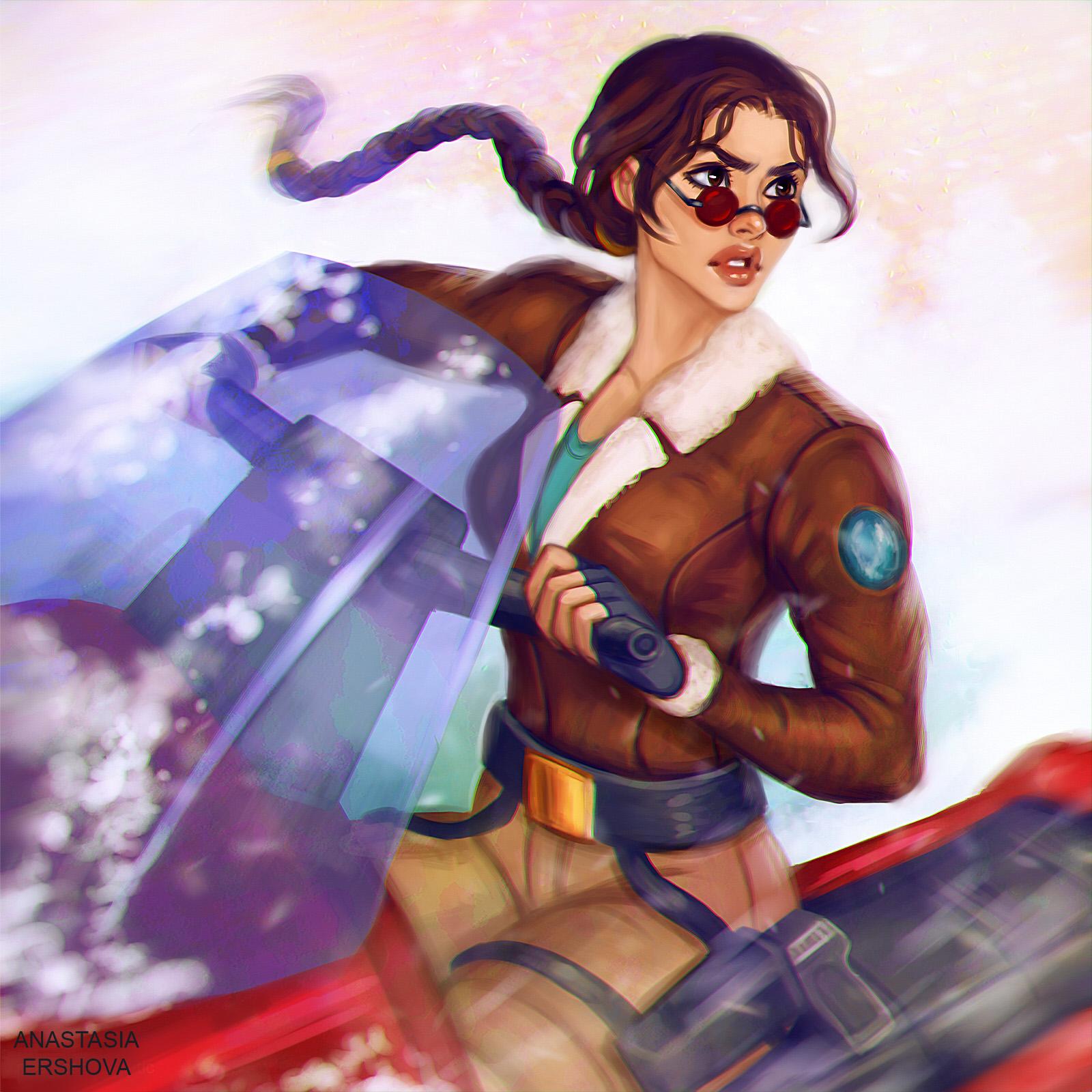 Anastasia Ershova - Lara driving the red snowmobile