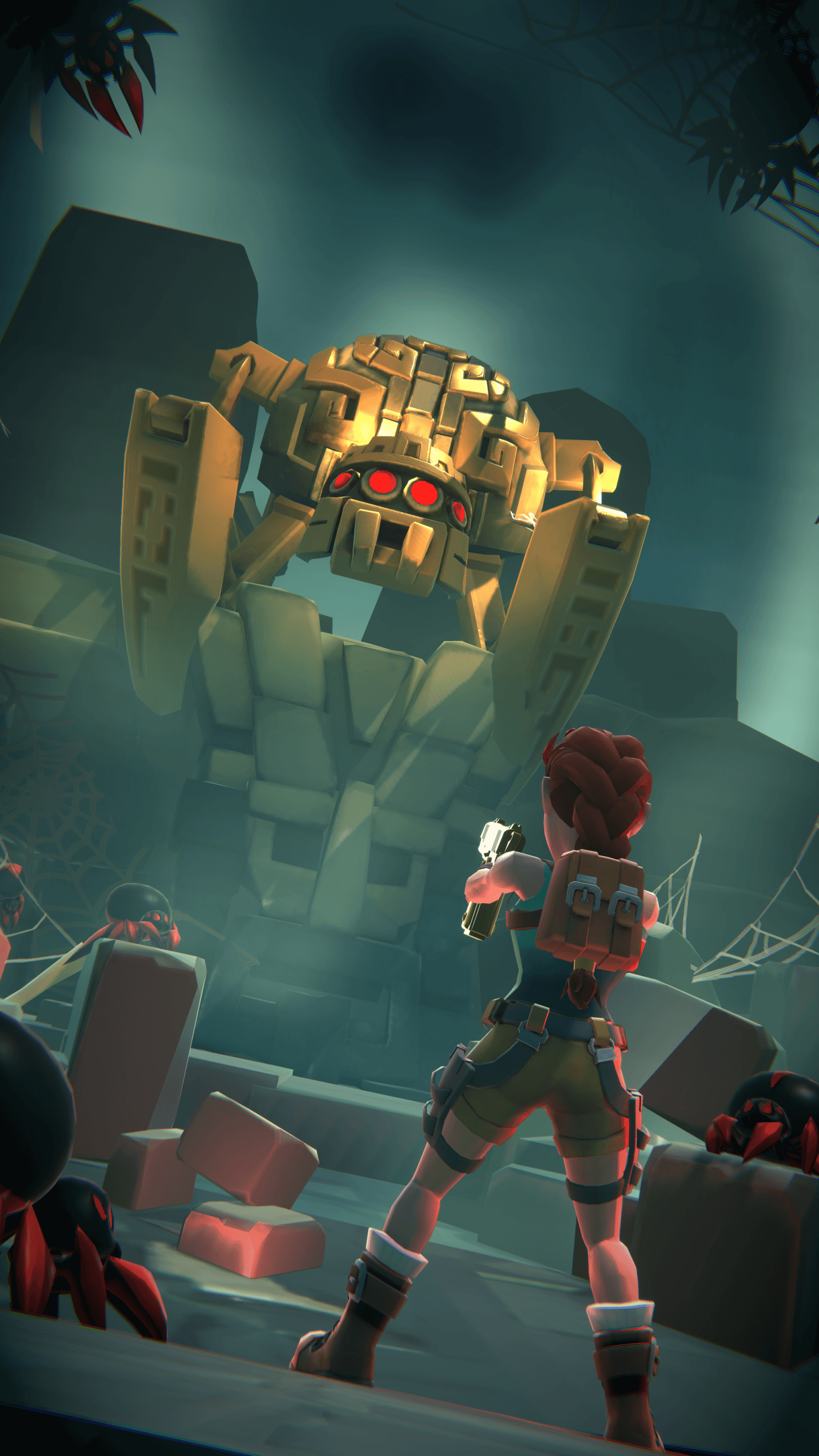 A character with a distinct hairstyle stands defiantly in front of a giant robotic spider in an ominous cave setting.
