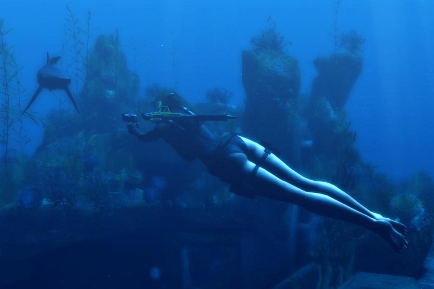 Lara wearing skuba gear underwater pointing gun toward approaching shark.