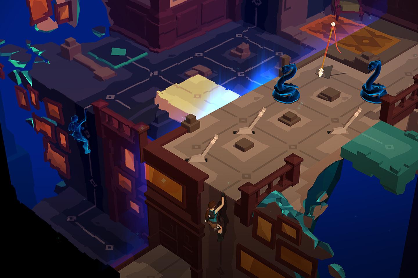 A vivid game screenshot showcasing a character navigating a complex, floating puzzle with serpentine statues and glowing floor patterns.