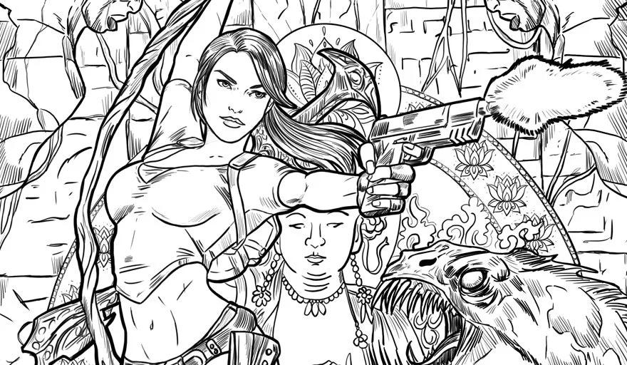 A black and white line art illustration of Lara Croft aiming a gun, with detailed jungle and character imagery in the background.