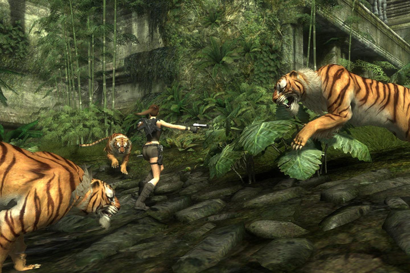 Lara surrounded by three tigers in green, mossy forest.
