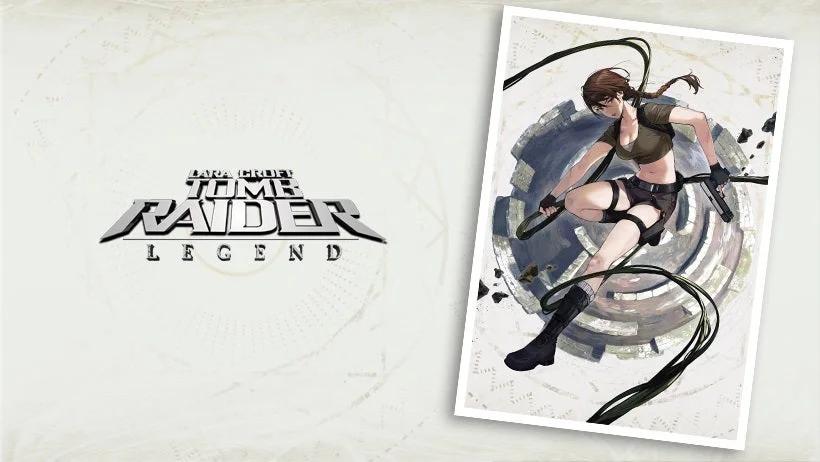 A stylish Tomb Raider Legend promotional image featuring artwork of Lara Croft against a mechanical backdrop.