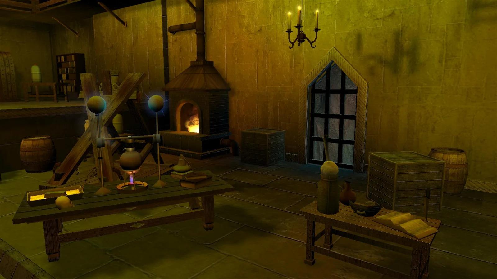 A screenshot from a video game showing a medieval-style room with a fireplace, tables with alchemical equipment, and a window.
