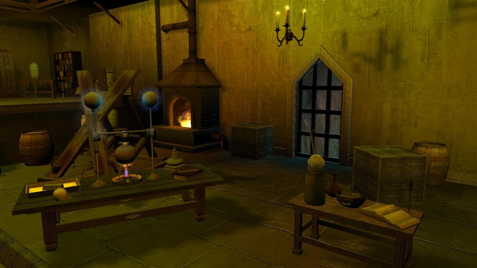 A screenshot from a video game showing a medieval-style room with a fireplace, tables with alchemical equipment, and a window.