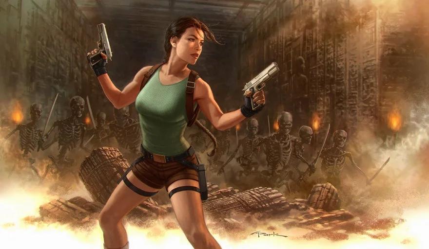 A painting of Lara Croft in action, wielding dual pistols with a determined expression, set in an ancient tomb-like environment with fiery torches.