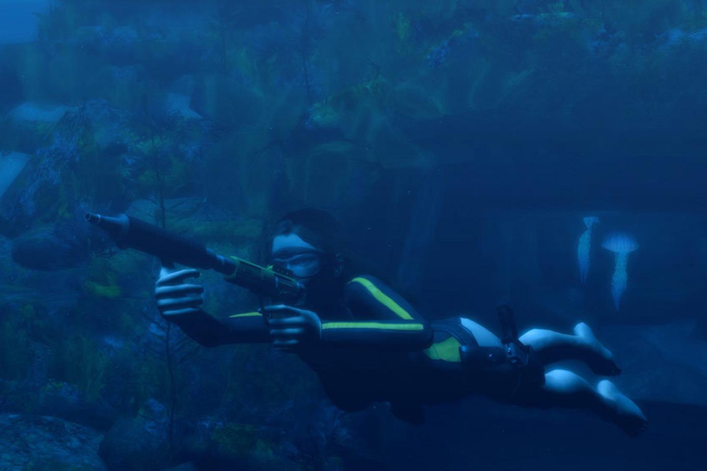 Lara wearing scuba gear underwater pointing gun.