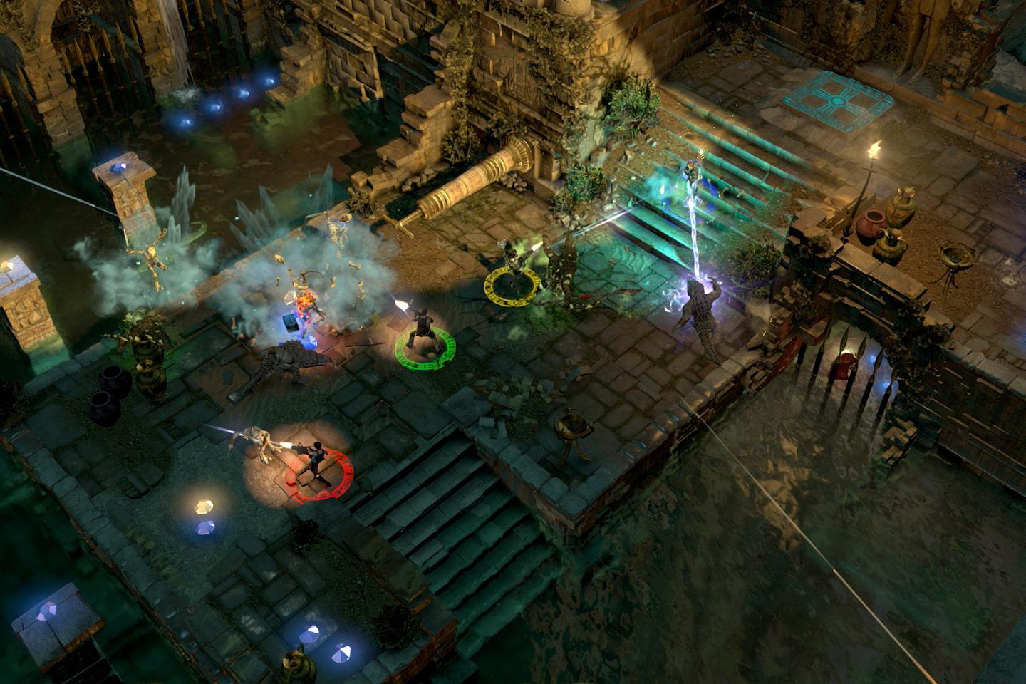 A strategic combat scene from a Tomb Raider game, with characters positioned across a temple battleground, casting spells and fighting off a ghostly blue apparition.