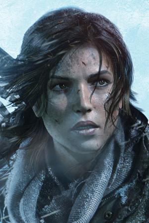 A close-up of Lara Croft's face in a snowy background.
