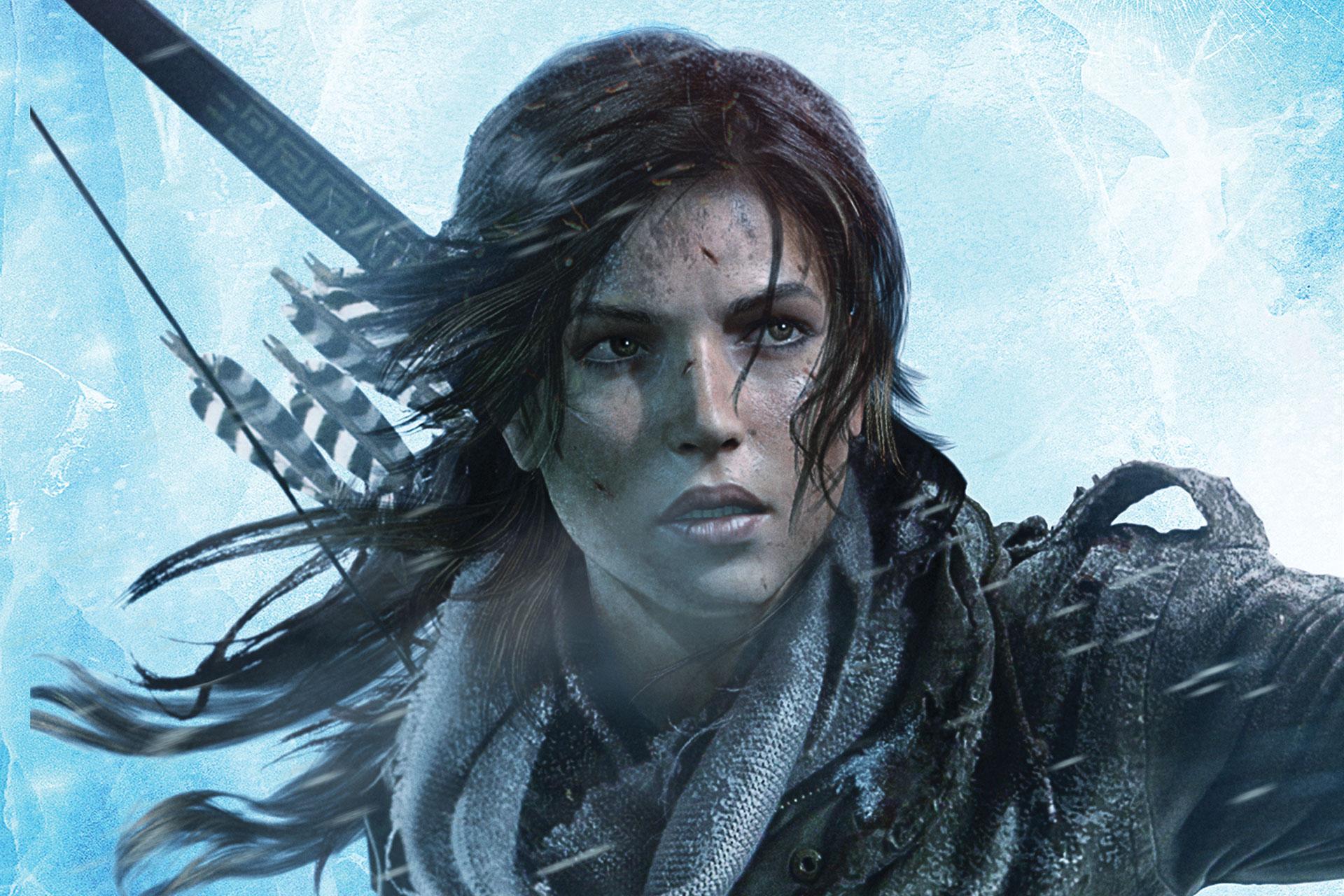 A close-up of Lara Croft's face in a snowy background.