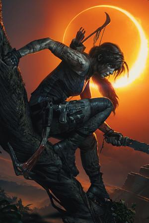 Lara Croft sitting on a tree in front of an eclipse with a glowing orange sky in the background.