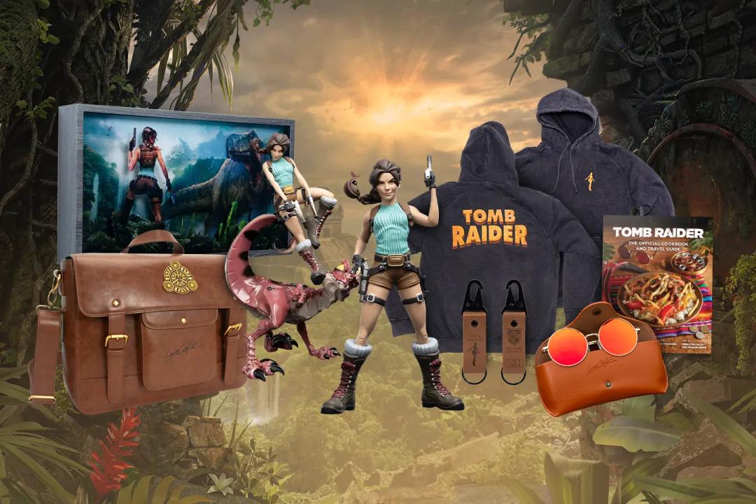 A collage of all the Tomb Raider-themed products launching in the Gear Store.