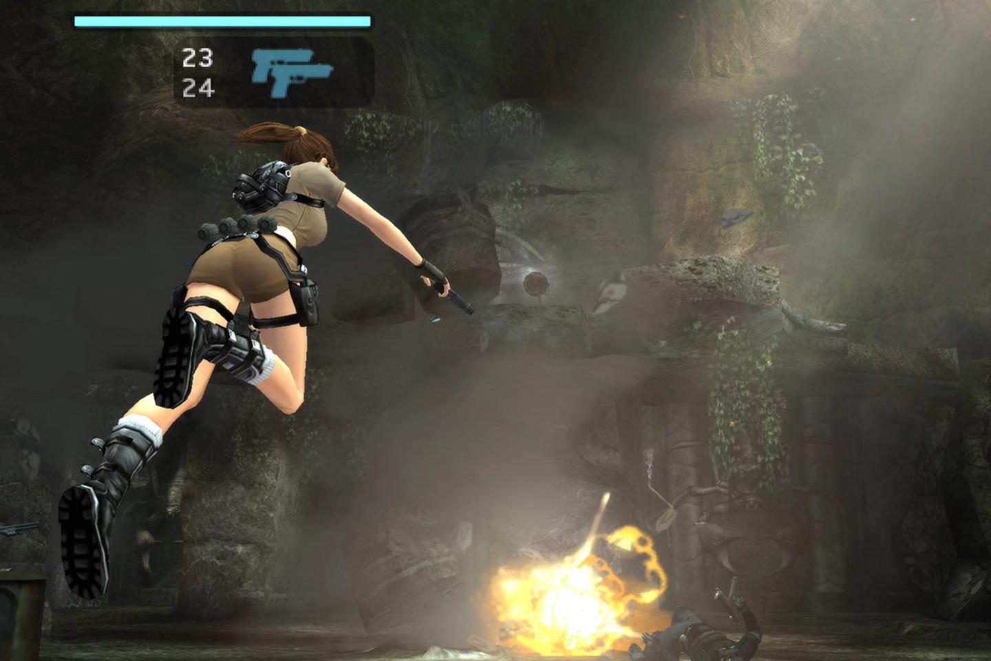 Lara jumping toward bonfire.