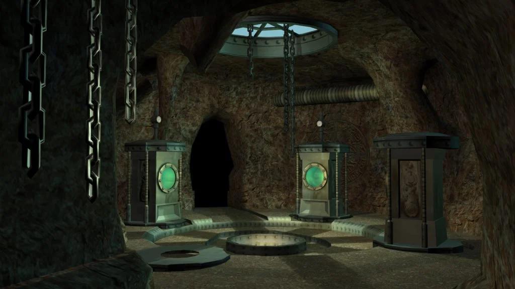 An in-game screenshot of a cavernous room with futuristic technology and artifacts in the "Tomb Raider" series.