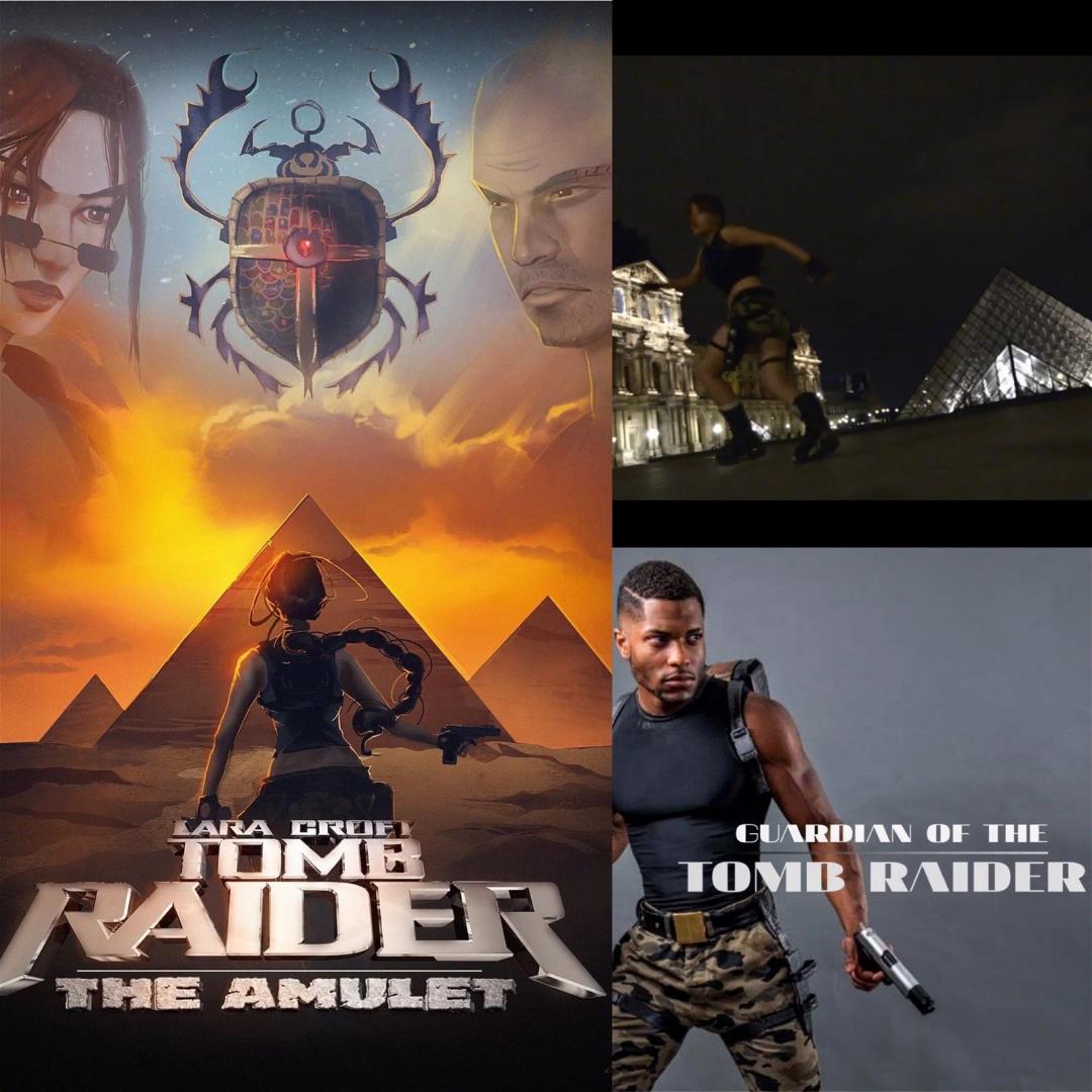 A collage featuring a movie-style poster with Lara Croft and an Ankh in an Egyptian setting, and two smaller images, one of Lara Croft and the other of a male character from 'Guardian of the Tomb Raider.'