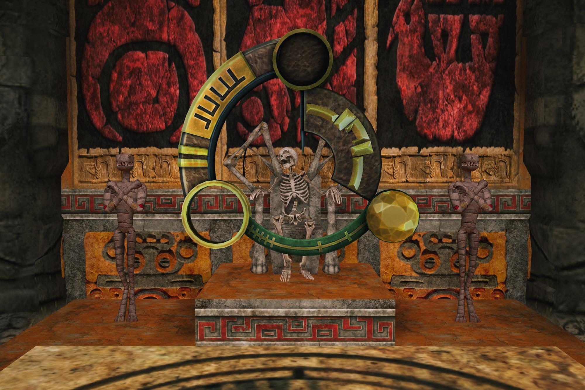 The skeletal remains of Qualopec with two mummified guards next to him, facing his piece of the Atlantean Scion