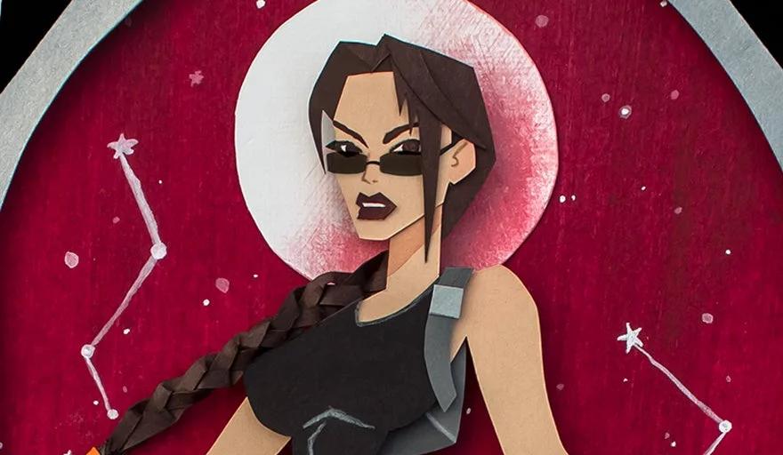 A stylized portrait of Lara Croft with a constellation backdrop within an outline of a shield, set against a red celestial theme.