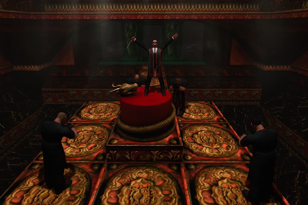 Marco Bartoli holding the Dagger of Xian whilst being worshipped by the Fiamma Nera members.