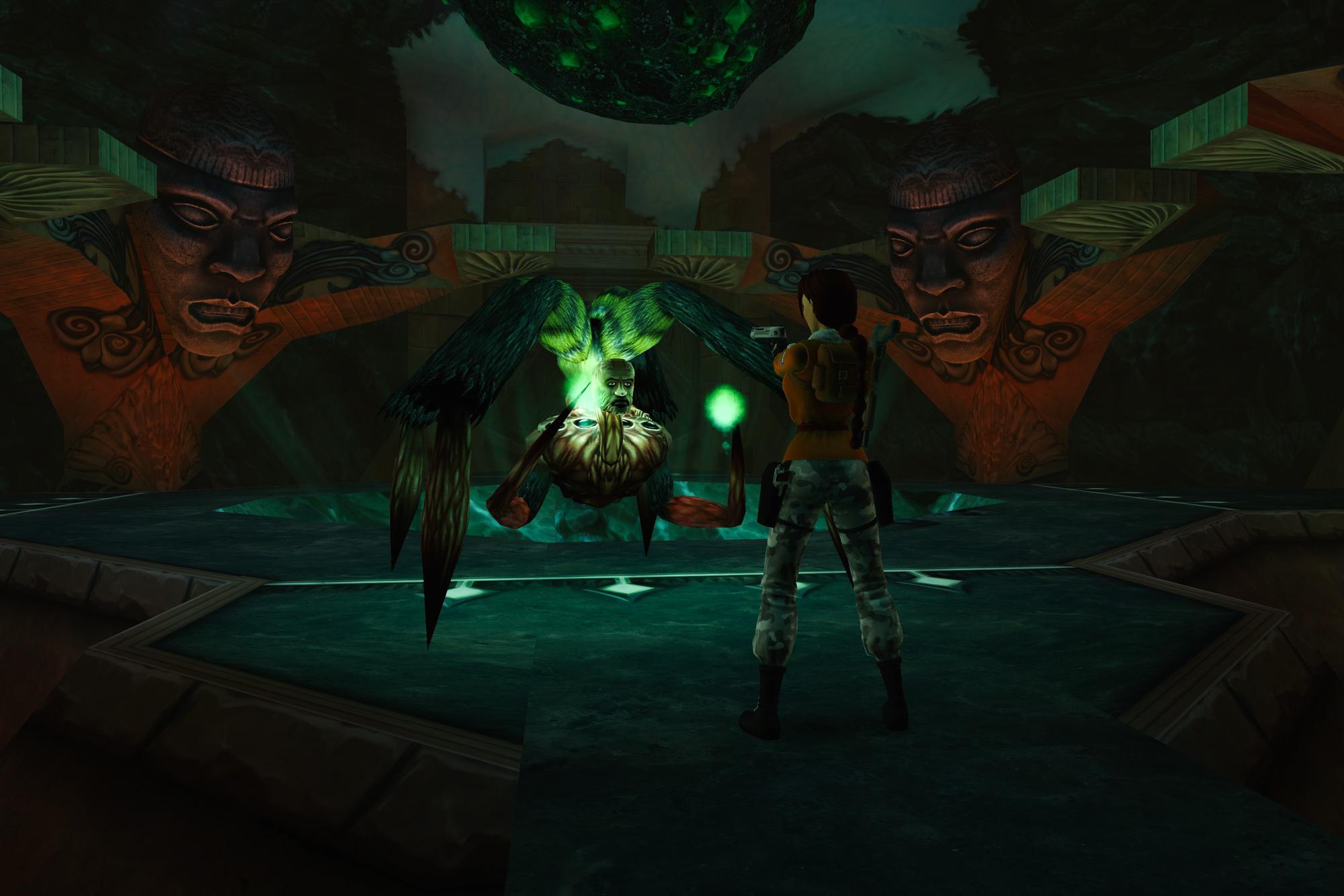 Mutated Willard about to shoot energy projectiles at Lara in the Meteorite Cavern.