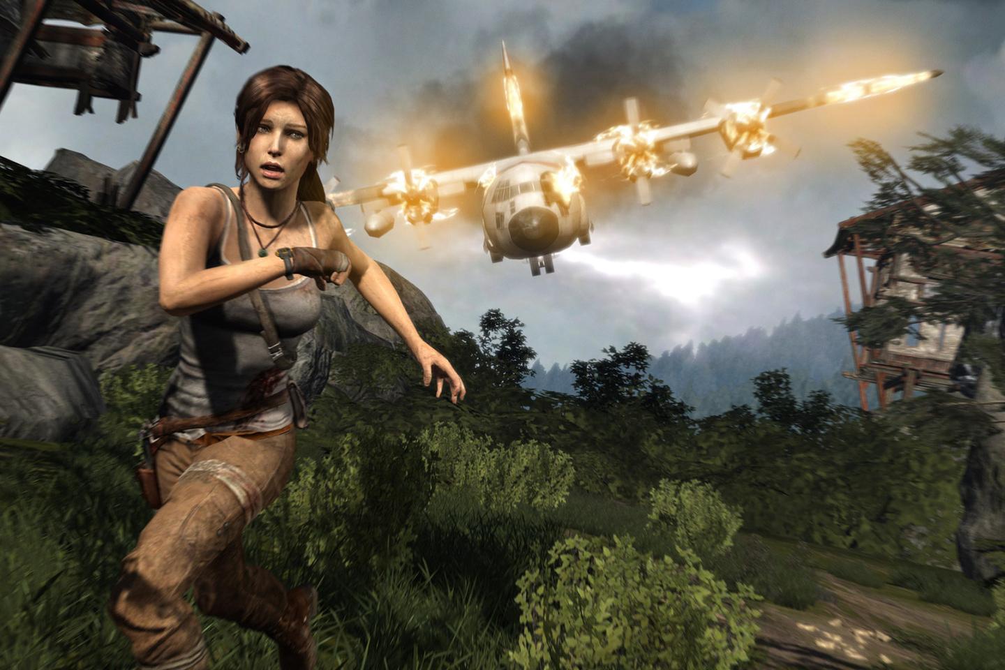 Lara running toward camera away from burning plane about to crash to the ground.