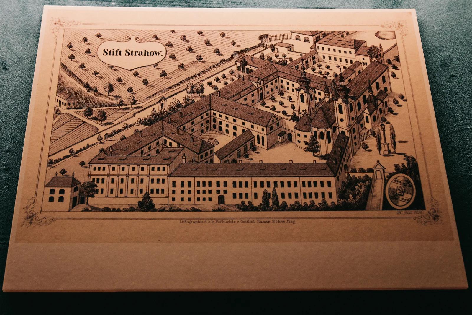 An old map or architectural drawing of a historical complex, providing a bird's-eye view of the building layout.
