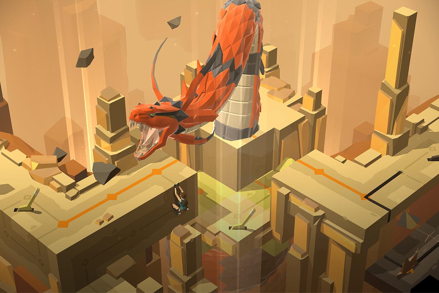 A dynamic game image capturing a character evading a fiery dragon’s breath amid crumbling ruins and a backdrop of towering golden pillars.
