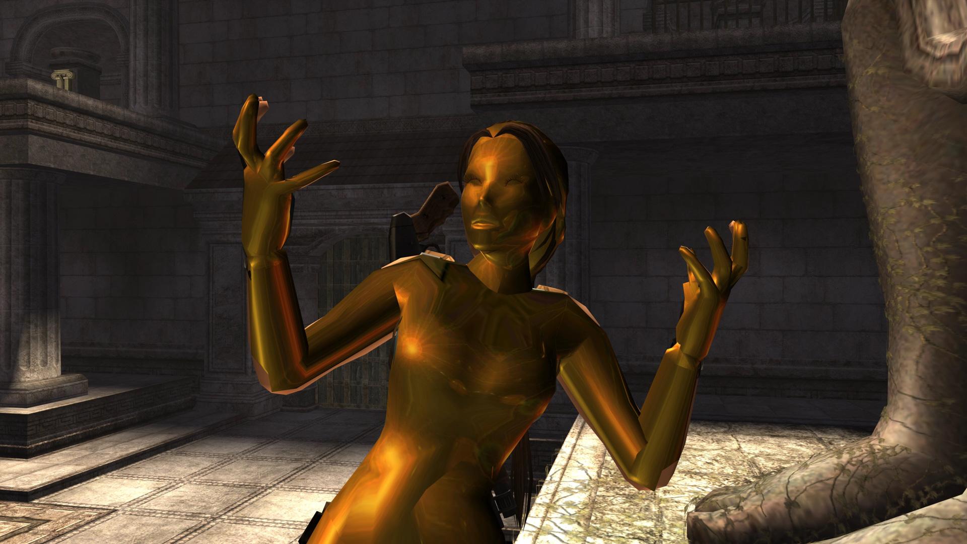 Screenshot of Lara Croft turning to gold in Tomb Raider: Anniversary.