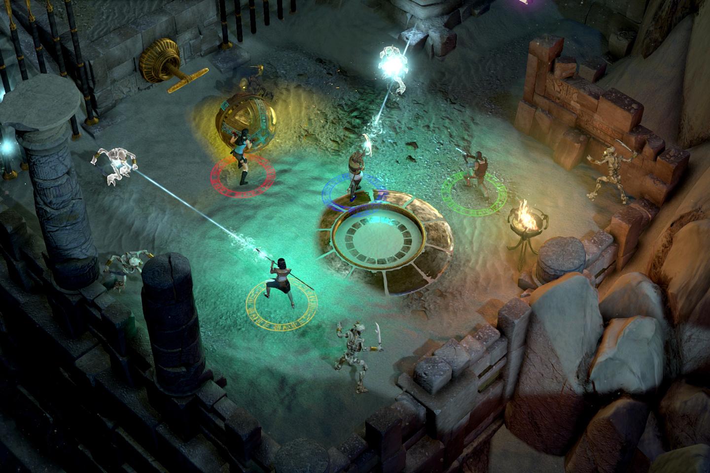 An overhead view of a Tomb Raider game scene with characters engaged in combat on a circular ancient platform, surrounded by mystical symbols and magical effects.