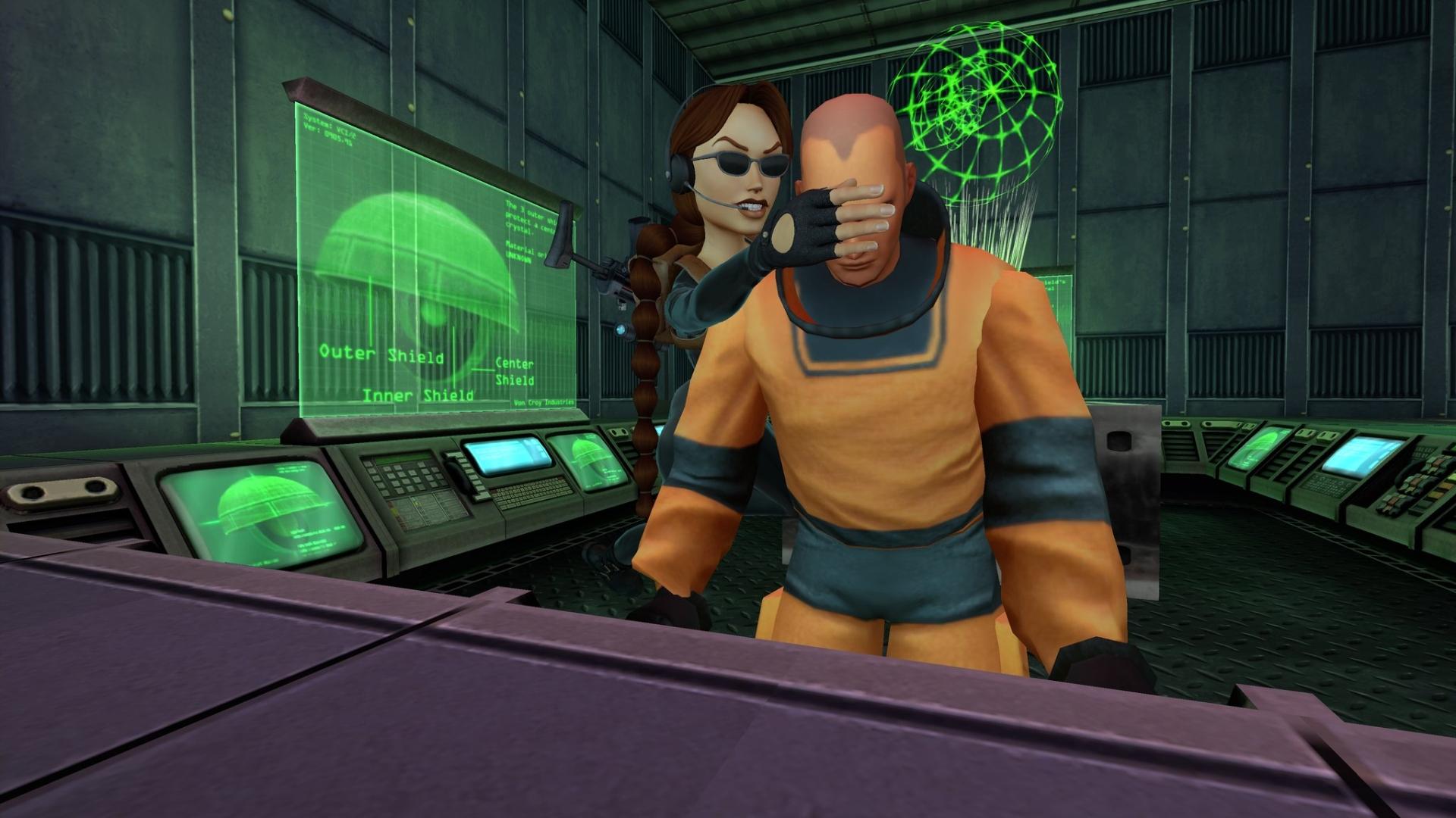 Lara Croft is covering the eyes of a NPC.