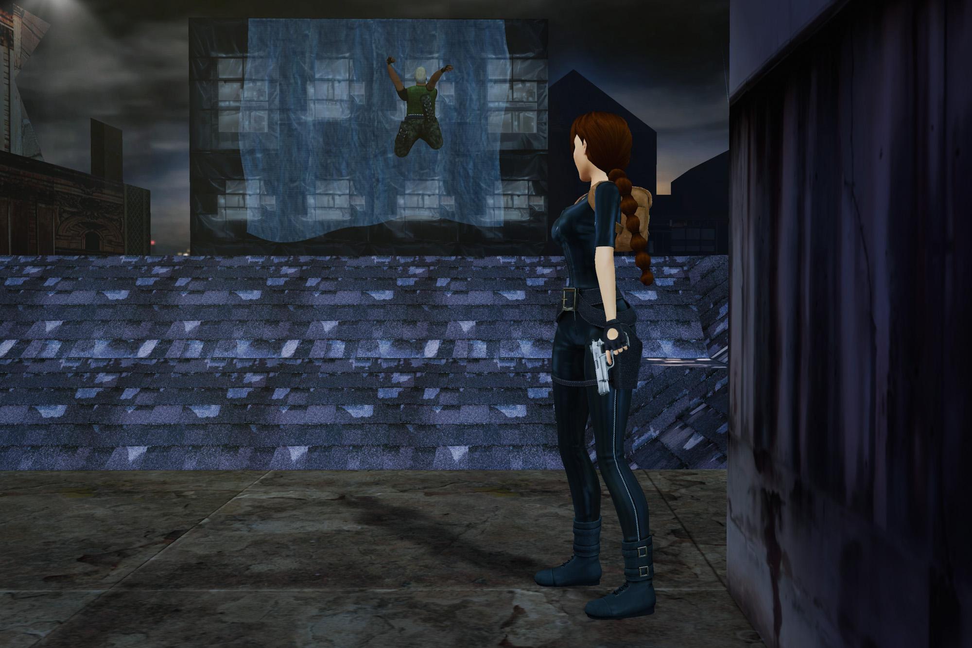 Lara Croft watching Sophia's mercenary plummet to his demise after being hit by a giant bell.