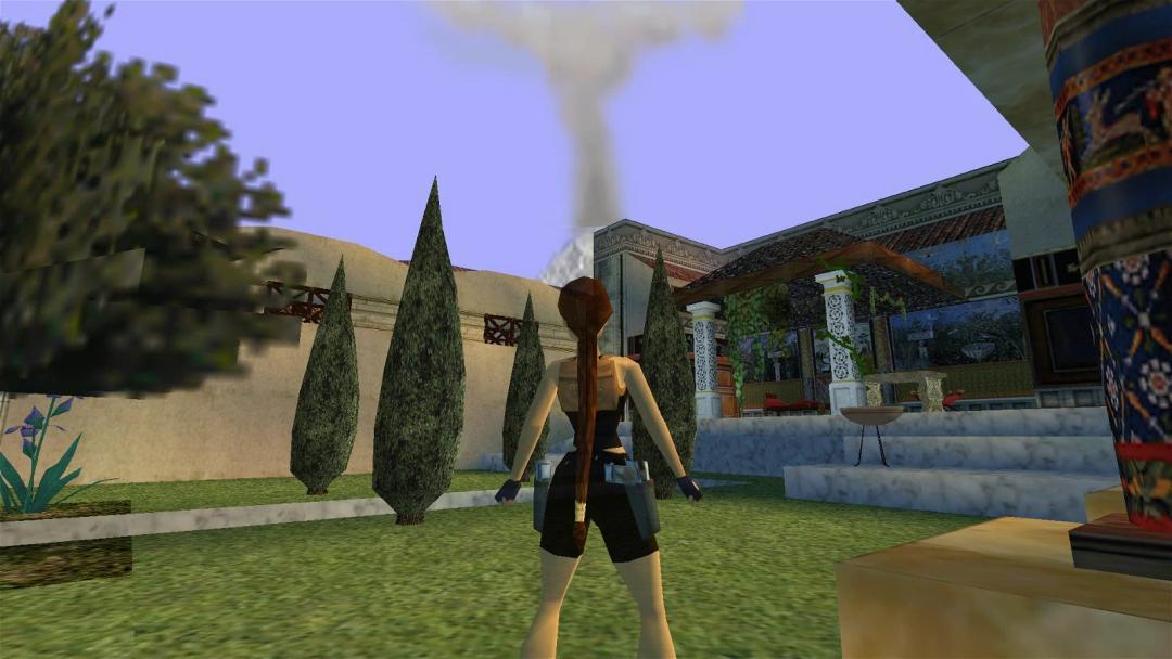 A screenshot from a Tomb Raider game showing Lara in an outdoor environment with classical architecture and a twister in the distance.