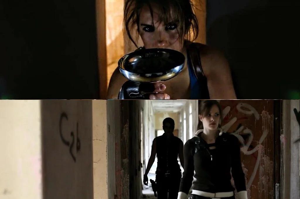 Three action-packed scenes featuring Lara Croft: the first shows her peering through a magnifying glass, the second is a silhouette of her following someone, and the third is a close-up with an intense expression.