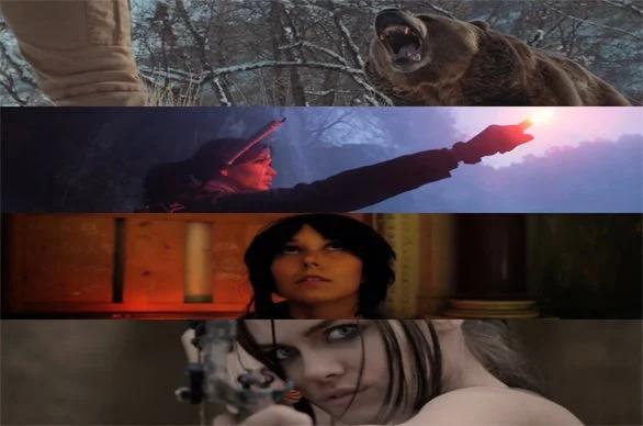 A collage of three images featuring Lara Croft in action; the top image shows her in a standoff with a bear, the middle image depicts her aiming a flare gun, and the bottom image is a close-up with her holding pistols.