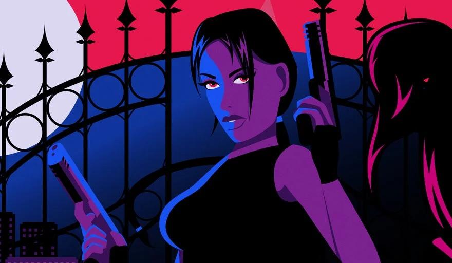 A graphic design of Lara Croft in a noir setting with a silhouette in the background, featuring bold colors and a cityscape.